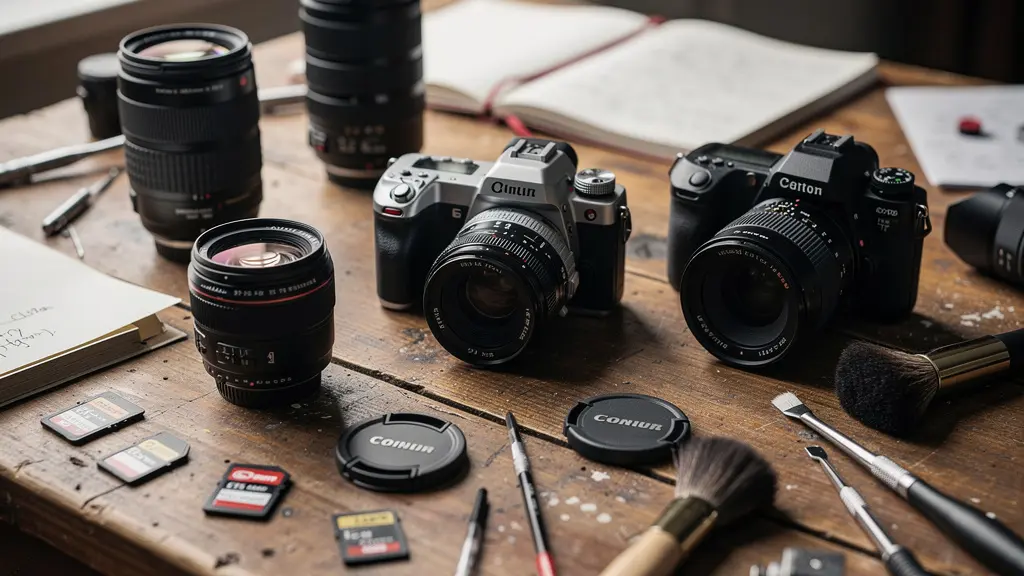 Différents types d'appareils photo disposés sur un bureau en bois d'atelier créatif