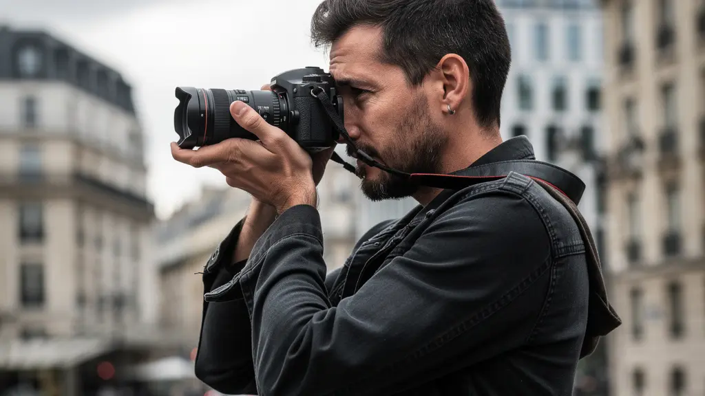 Photographe cadrant une scène avec son appareil hybride en milieu urbain