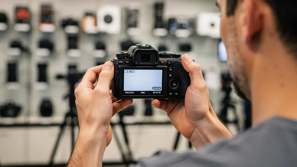 Personne testant l'ergonomie d'un appareil photo en magasin spécialisé
