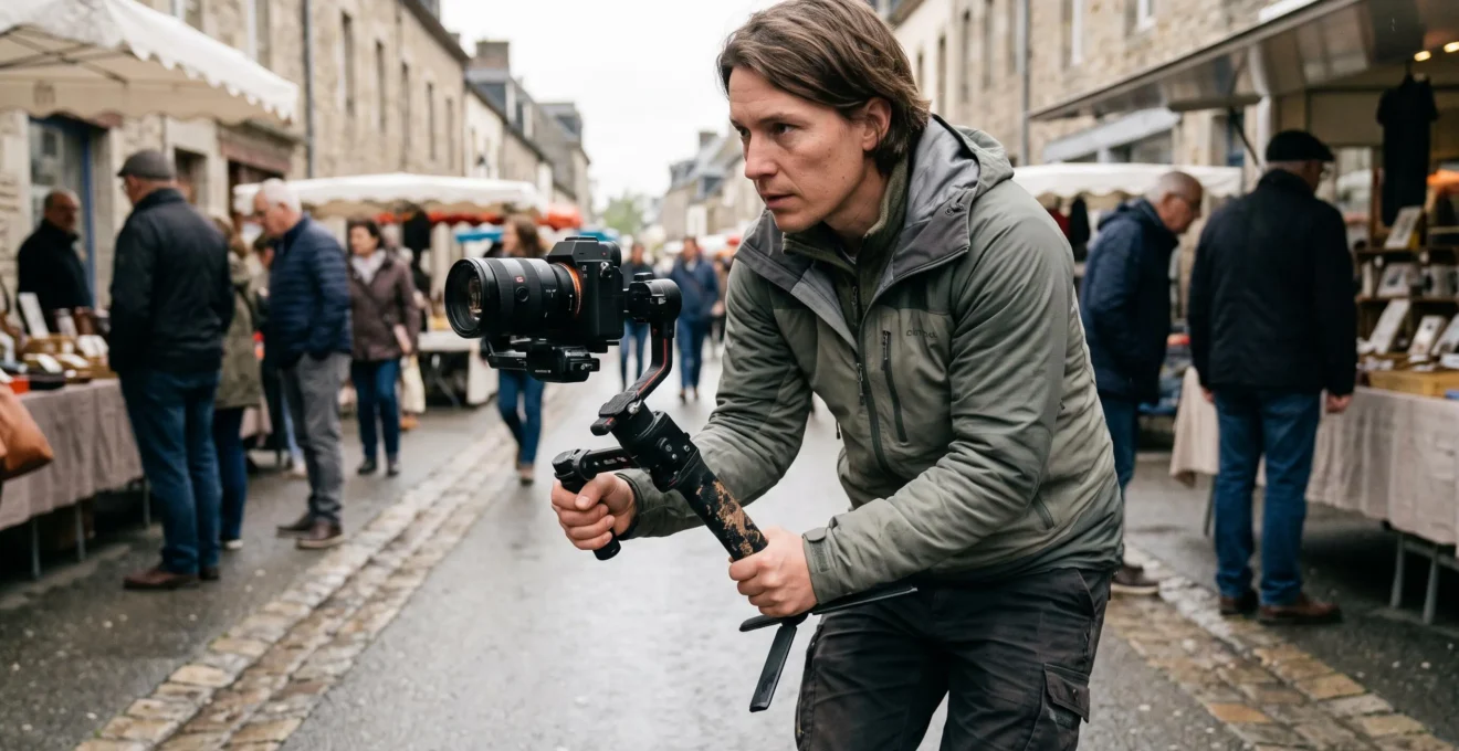 Cadreur utilisant un stabilisateur gimbal motorisé pour filmer un plan en mouvement