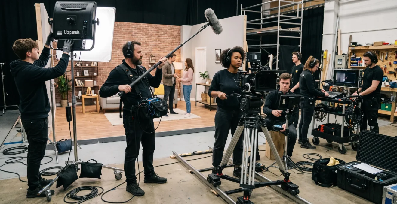 Équipe de tournage professionnelle en action sur un plateau avec caméra, perche audio et éclairages LED