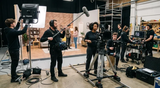 Équipe de tournage professionnelle en action sur un plateau avec caméra, perche audio et éclairages LED