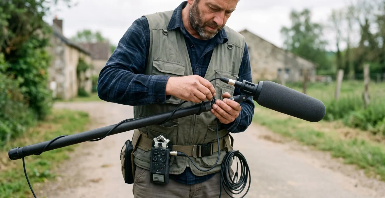 Ingénieur du son installant un microphone canon sur une perche lors d'un tournage