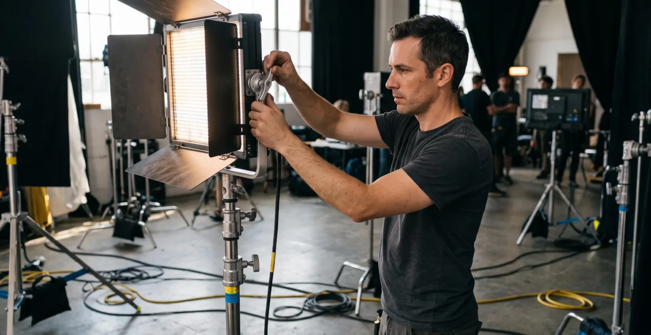 Technicien lumière ajustant un panneau LED professionnel sur pied pendant une production vidéo